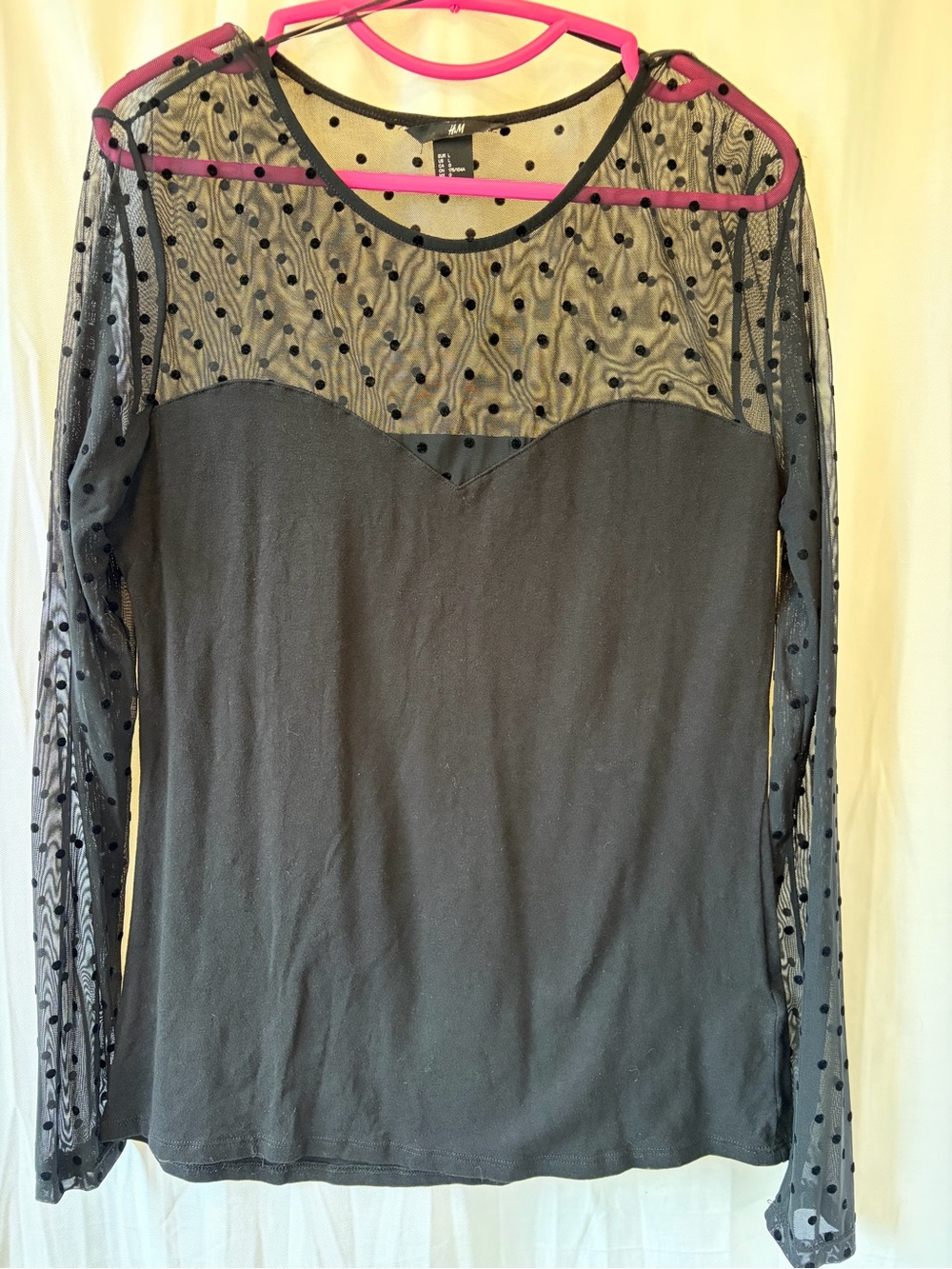 H&M Black Polka Dot Mesh Panel Long Sleeve Top